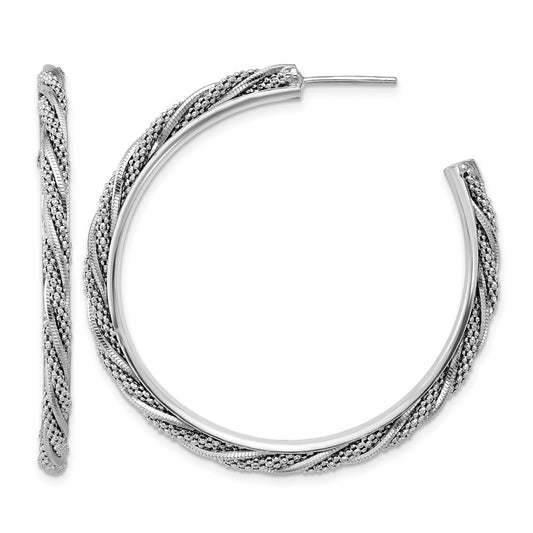 Sterling Silver Ss Rh Plated Polish/Textured Twisted J Hoop Post Earrings