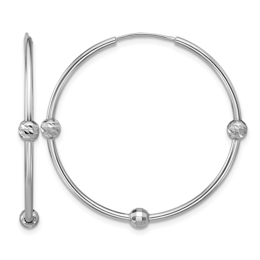 Sterling Silver Ss Rh Plated Polished/Dia Cut Beads Endless Hoop Earrings