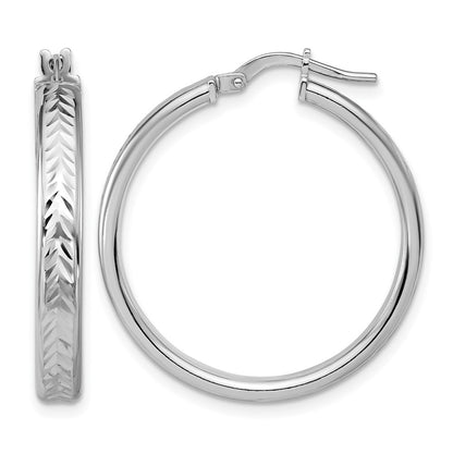 Sterling Silver Rh Plat Polish/Dia Cut Round Hoop Earrings