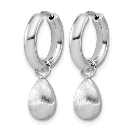 Sterling Silver Ss Rh Plat Polish/Brushed Teardrop Huggie Hoop Earrings