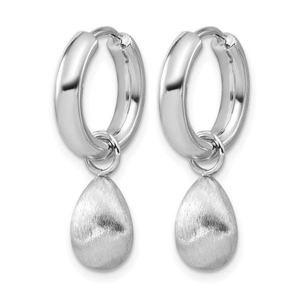 Sterling Silver Ss Rh Plat Polish/Brushed Teardrop Huggie Hoop Earrings