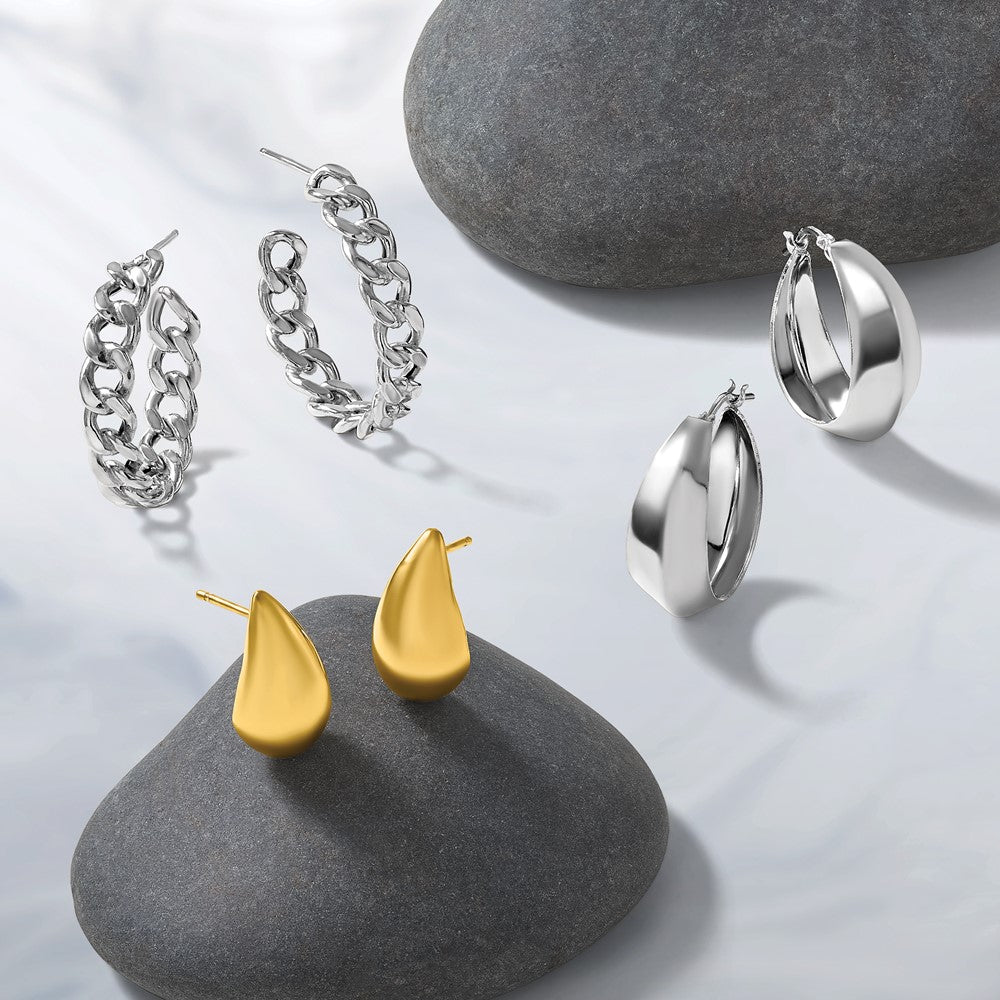 Sterling Silver Ss Rh Pltd Polished 34X6.5mm Curb Link Post C Hoop Earrings