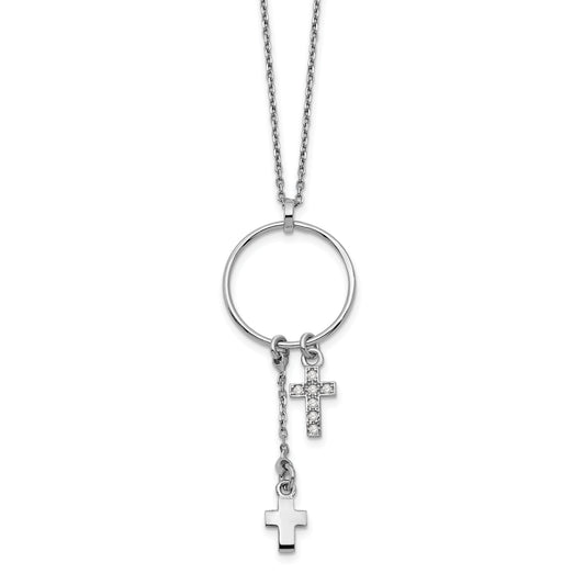 Sterling Silver Rhodium-Plated Cz Cross W/1.5 In Ext. Necklace