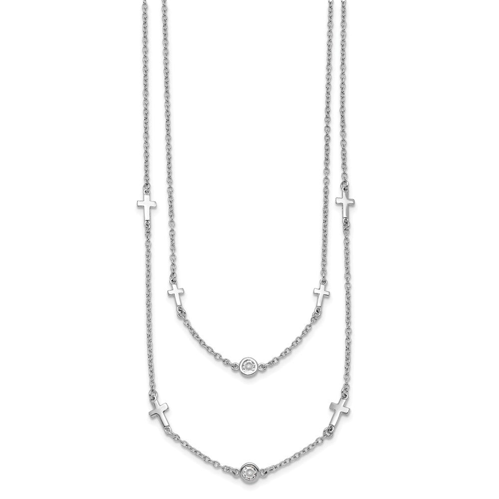 Sterling Silver Rhod Pl Cz Cross Multi Strand W/ 2In Ext. Necklace