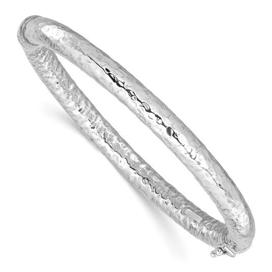 Sterling Silver Rhodium Plated Polished Hammered Bangle