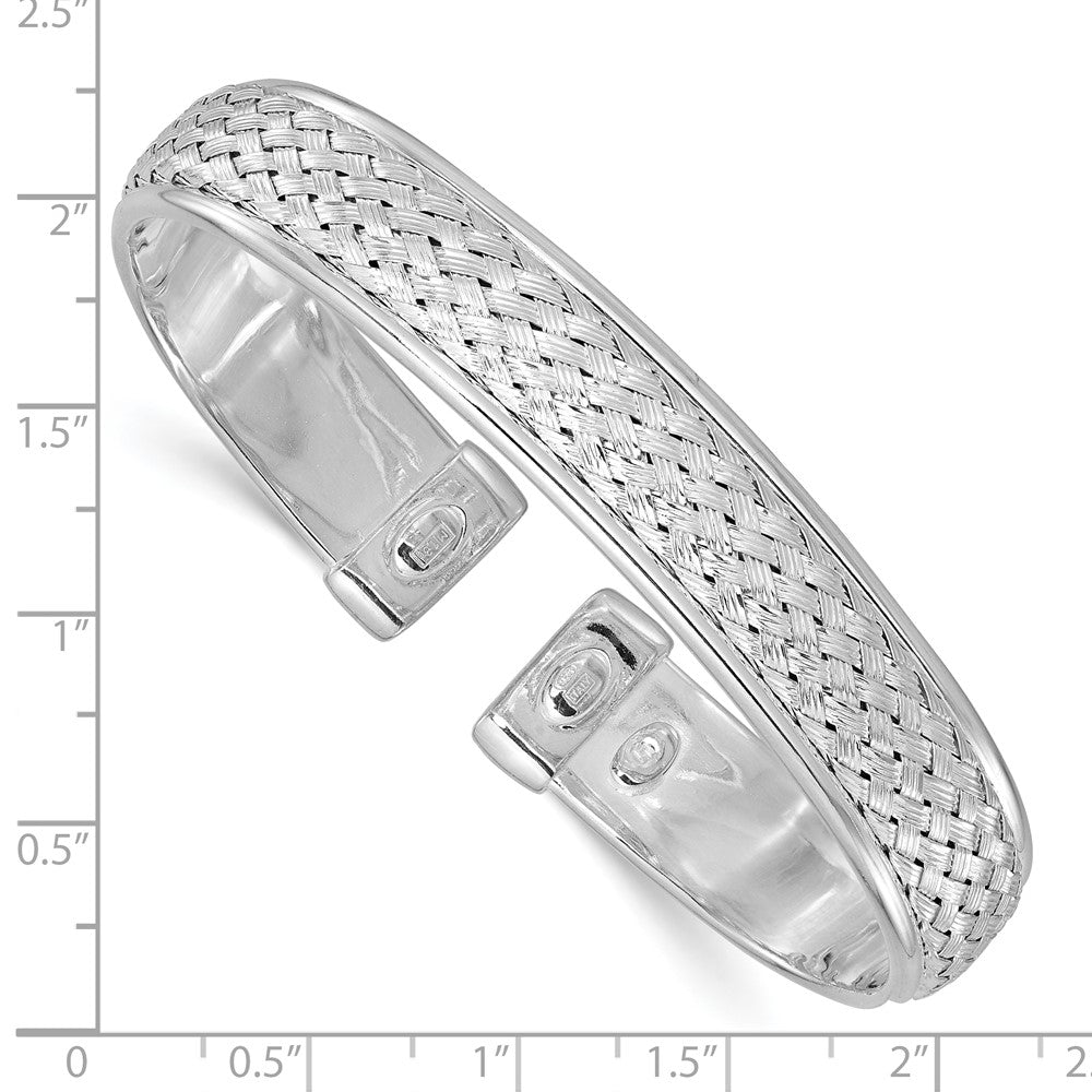 Sterling Silver Rhodium Plated Polished And Textured Cuff Bangle