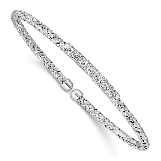 Sterling Silver Rh Plated Cz Woven Flexible Cuff Bangle