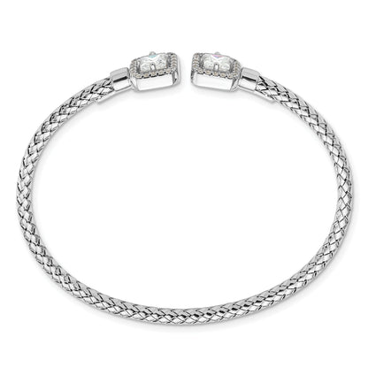 Sterling Silver Rh Plated Cz Polished Square Halo Cuff Bangle