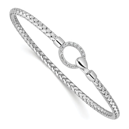 Sterling Silver Rh Plated Cz Polished Braided Hook Bangle