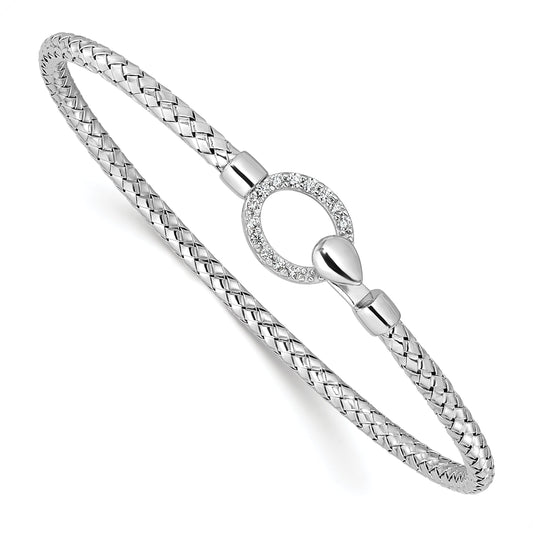 Sterling Silver Rh Plated Cz Polished Braided Hook Bangle
