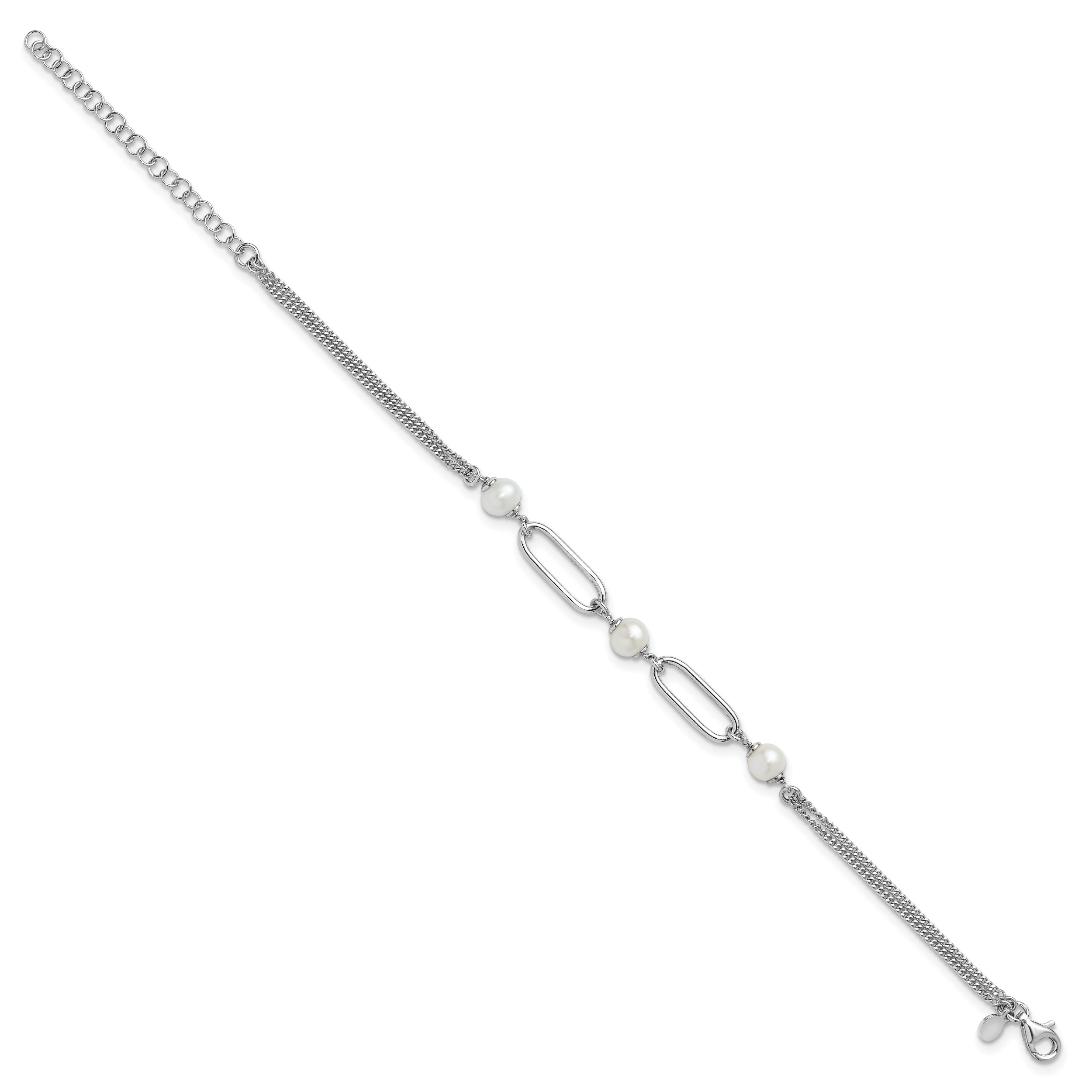Sterling Silver Rh Plated Polished Fwc Pearls 2In Ext. Bracelet