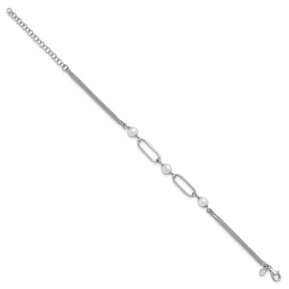 Sterling Silver Rh Plated Polished Fwc Pearls 2In Ext. Bracelet