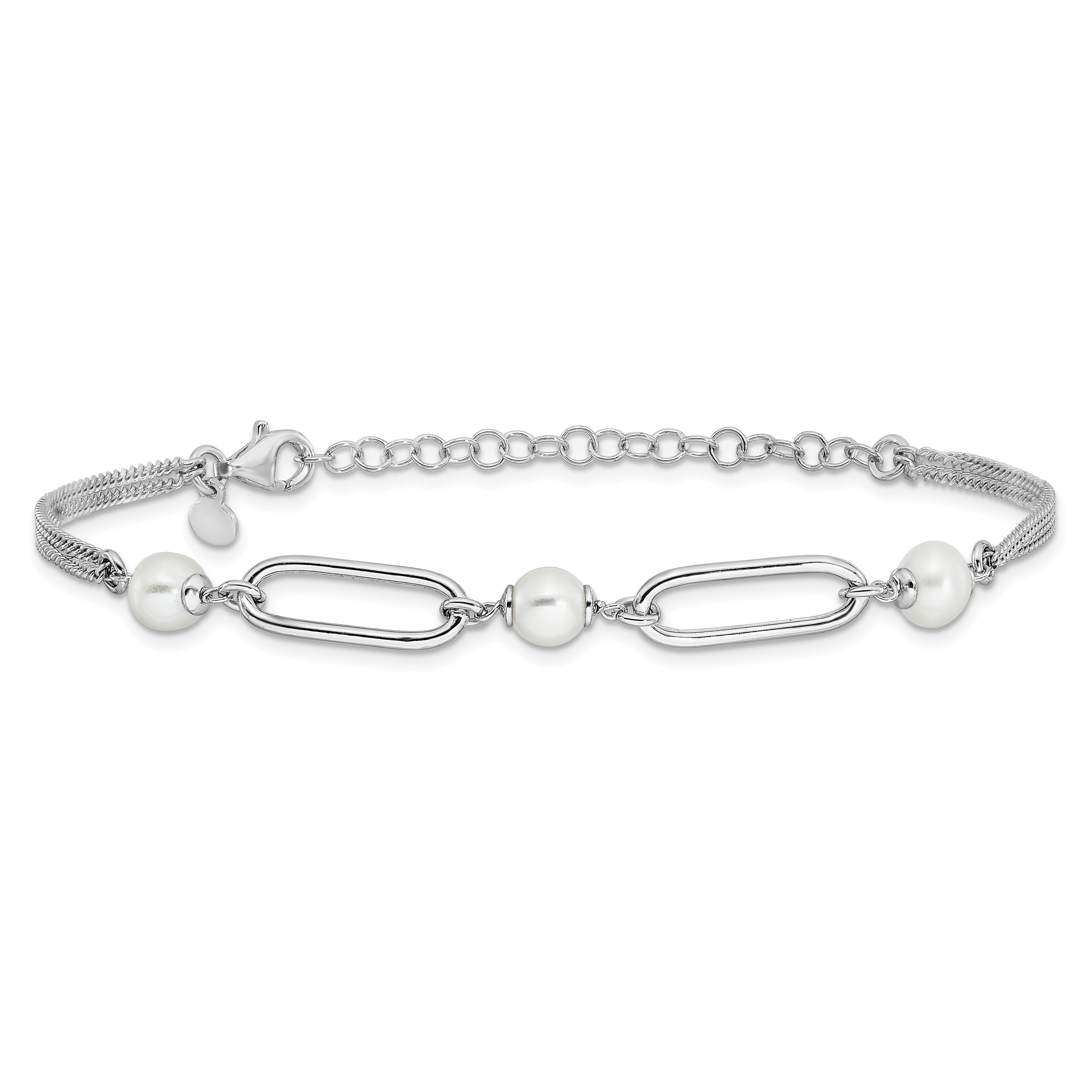Sterling Silver Rh Plated Polished Fwc Pearls 2In Ext. Bracelet