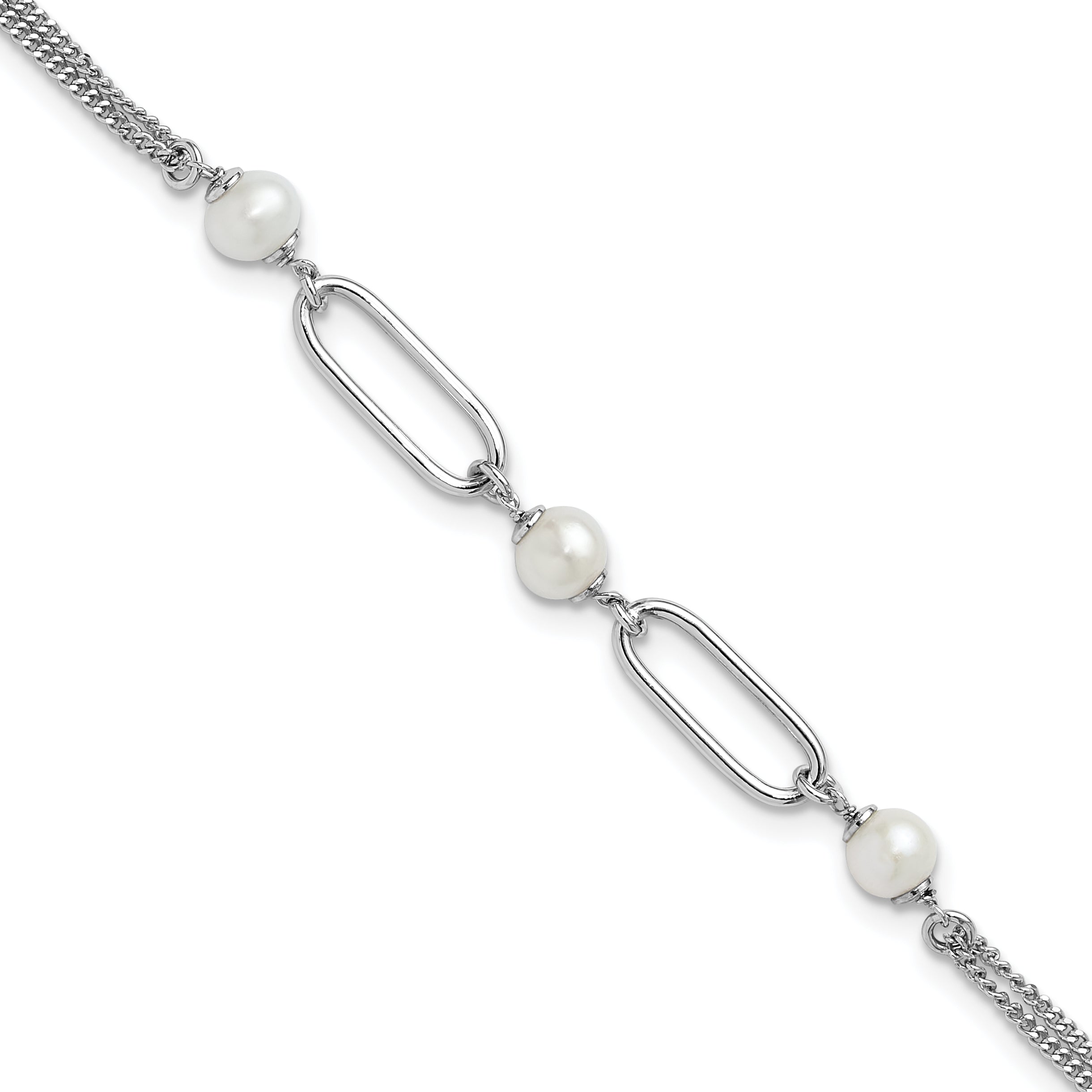 Sterling Silver Rh Plated Polished Fwc Pearls 2In Ext. Bracelet
