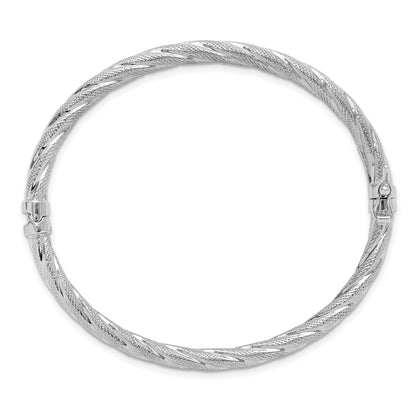 Sterling Silver Rh Plt Polished / Textured Twisted Hinged Bangle