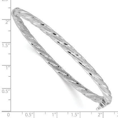 Sterling Silver Rh Plt Polished / Textured Twisted Hinged Bangle