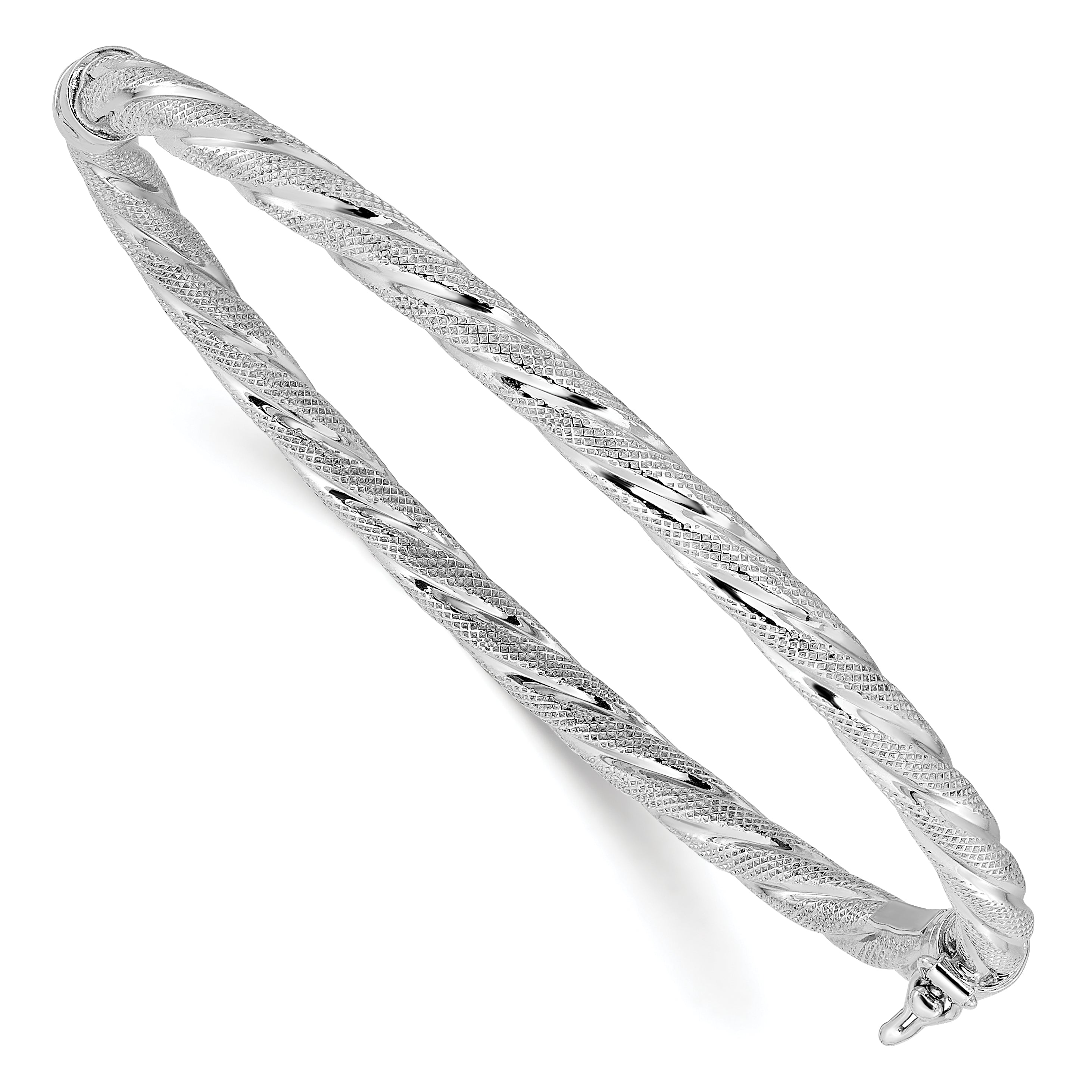 Sterling Silver Rh Plt Polished / Textured Twisted Hinged Bangle