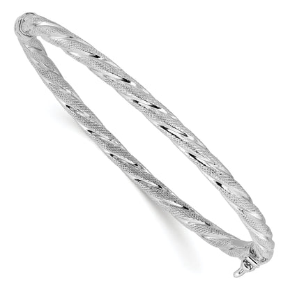 Sterling Silver Rh Plt Polished / Textured Twisted Hinged Bangle