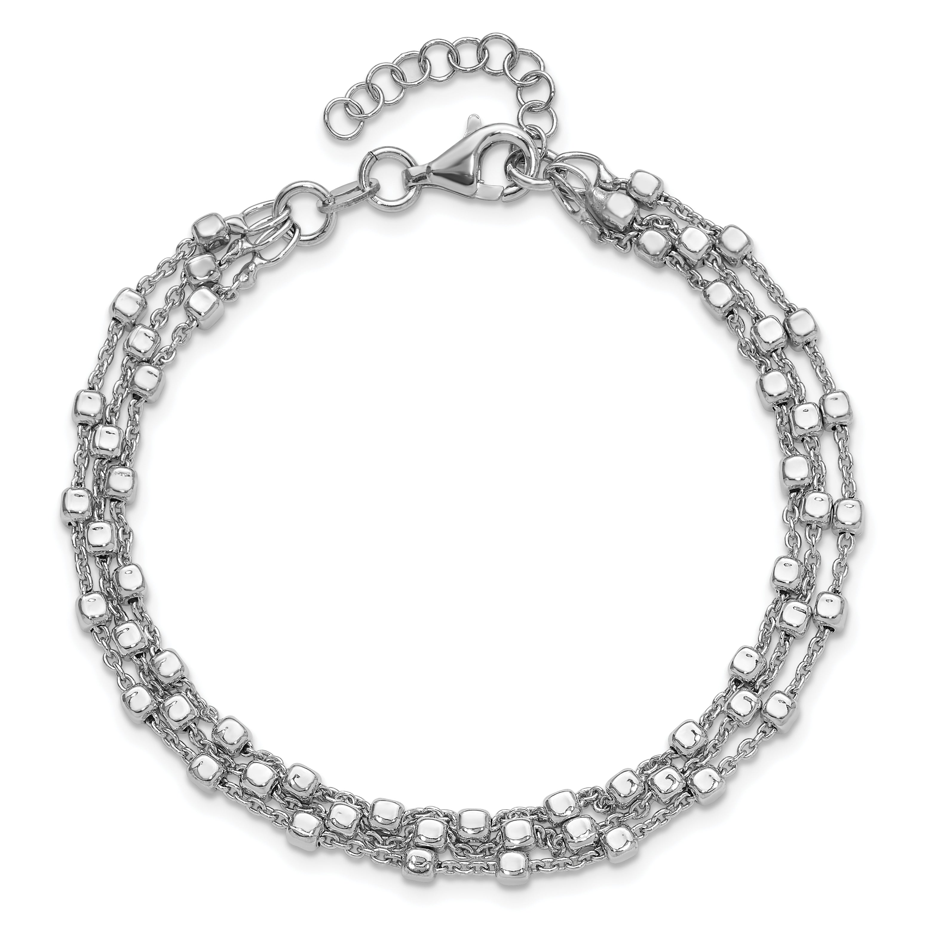 Sterling Silver Rh Plt 3 Strand Beaded 7.5In 1In Ext. Bracelet