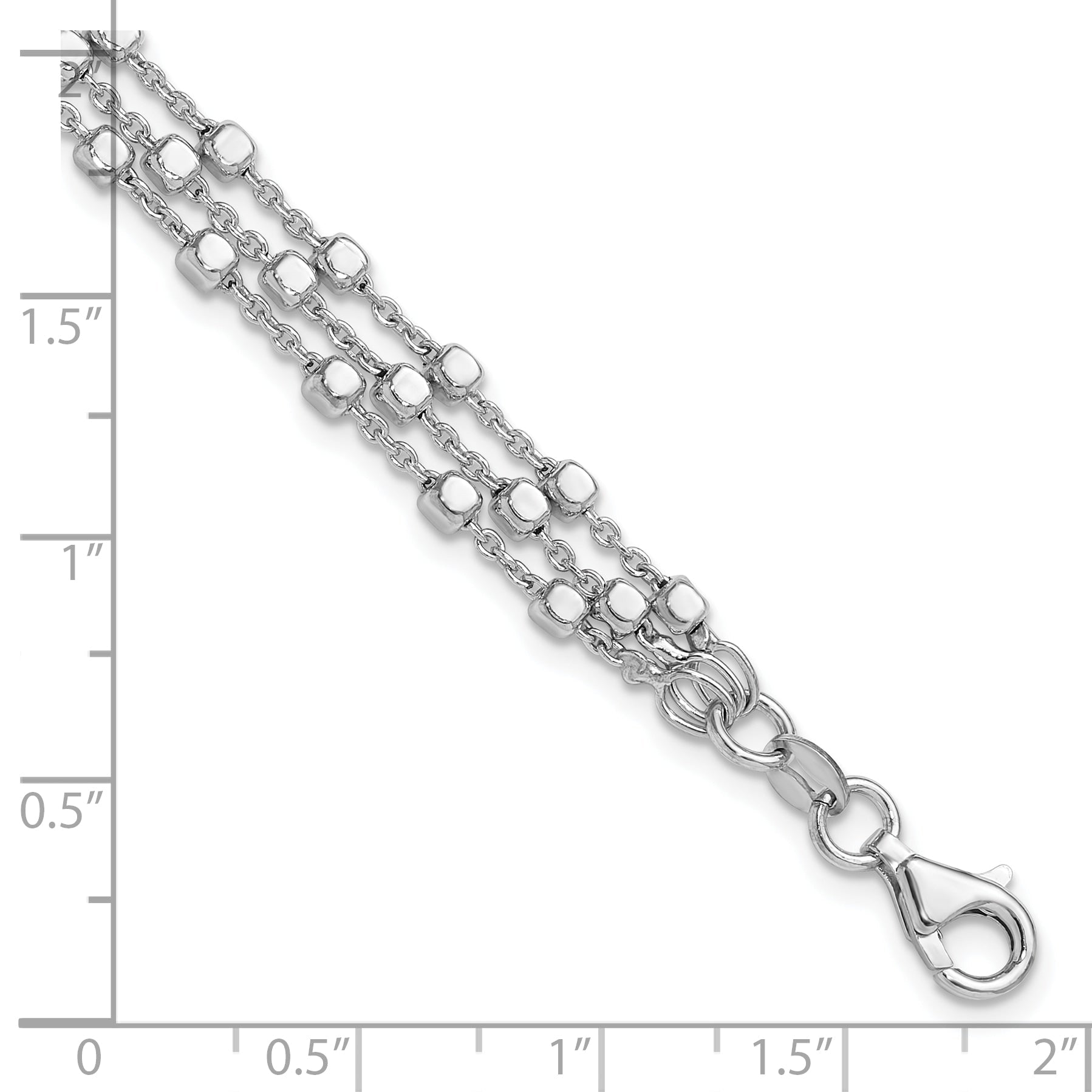 Sterling Silver Rh Plt 3 Strand Beaded 7.5In 1In Ext. Bracelet