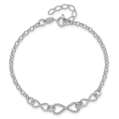 Sterling Silver Rhodium Plt Twisted Infinity 1In Ext. Bracelet