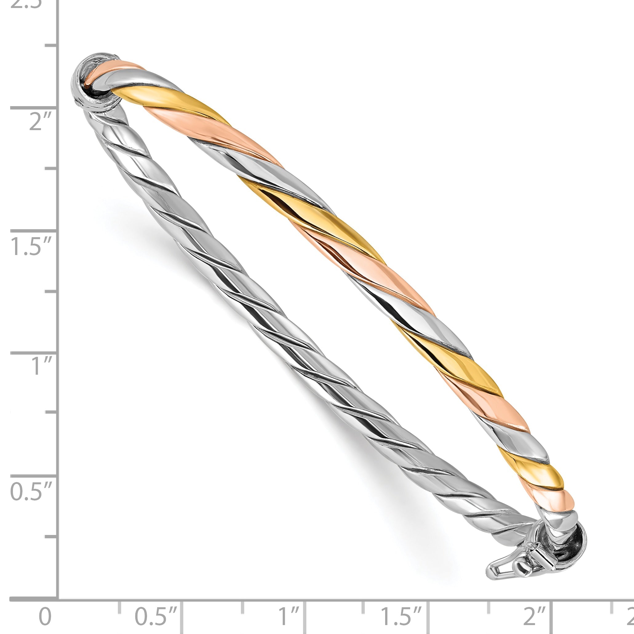 Sterling Silver Rh Plated Gold And Rose Tone Hinged Bangle