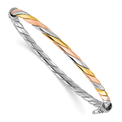 Sterling Silver Rh Plated Gold And Rose Tone Hinged Bangle