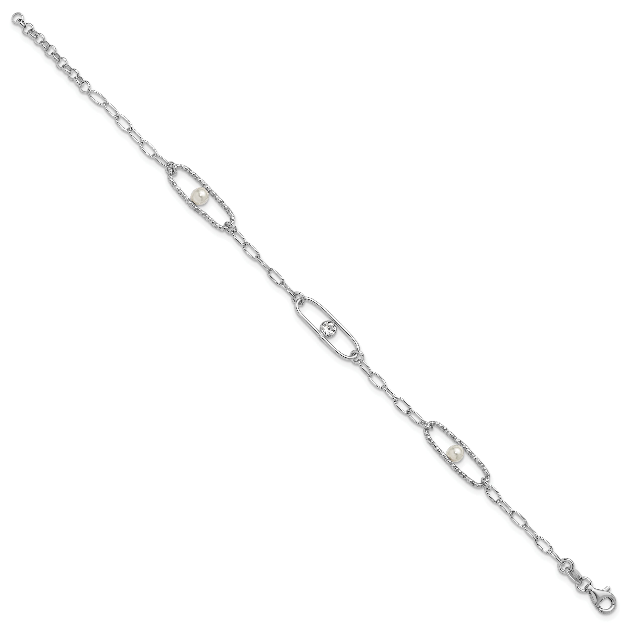 Sterling Silver Rh Plated Cz And Crystal Pearl 1In Ext. Bracelet