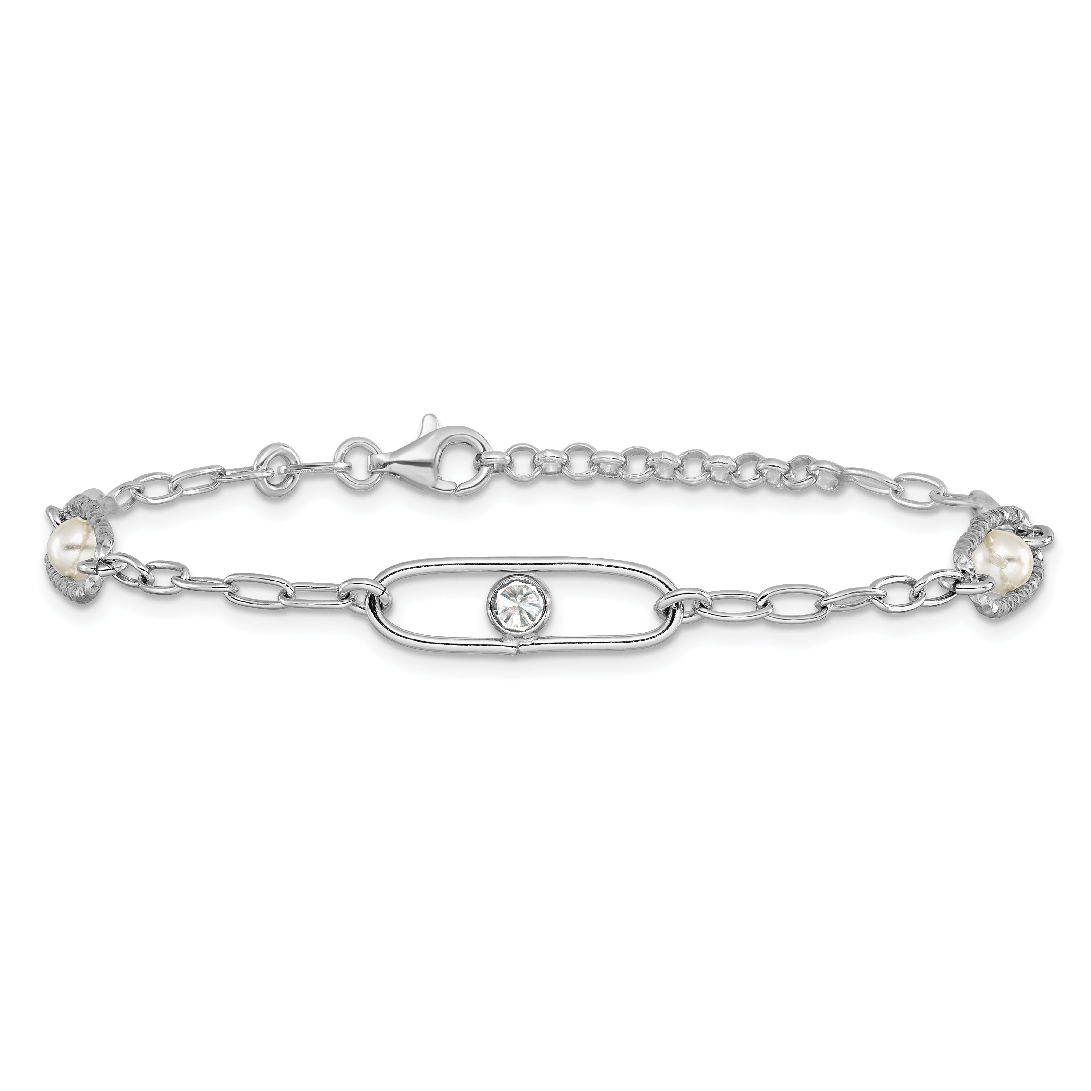 Sterling Silver Rh Plated Cz And Crystal Pearl 1In Ext. Bracelet