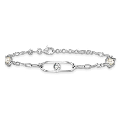 Sterling Silver Rh Plated Cz And Crystal Pearl 1In Ext. Bracelet