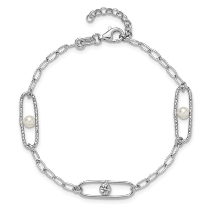 Sterling Silver Rh Plated Cz And Crystal Pearl 1In Ext. Bracelet