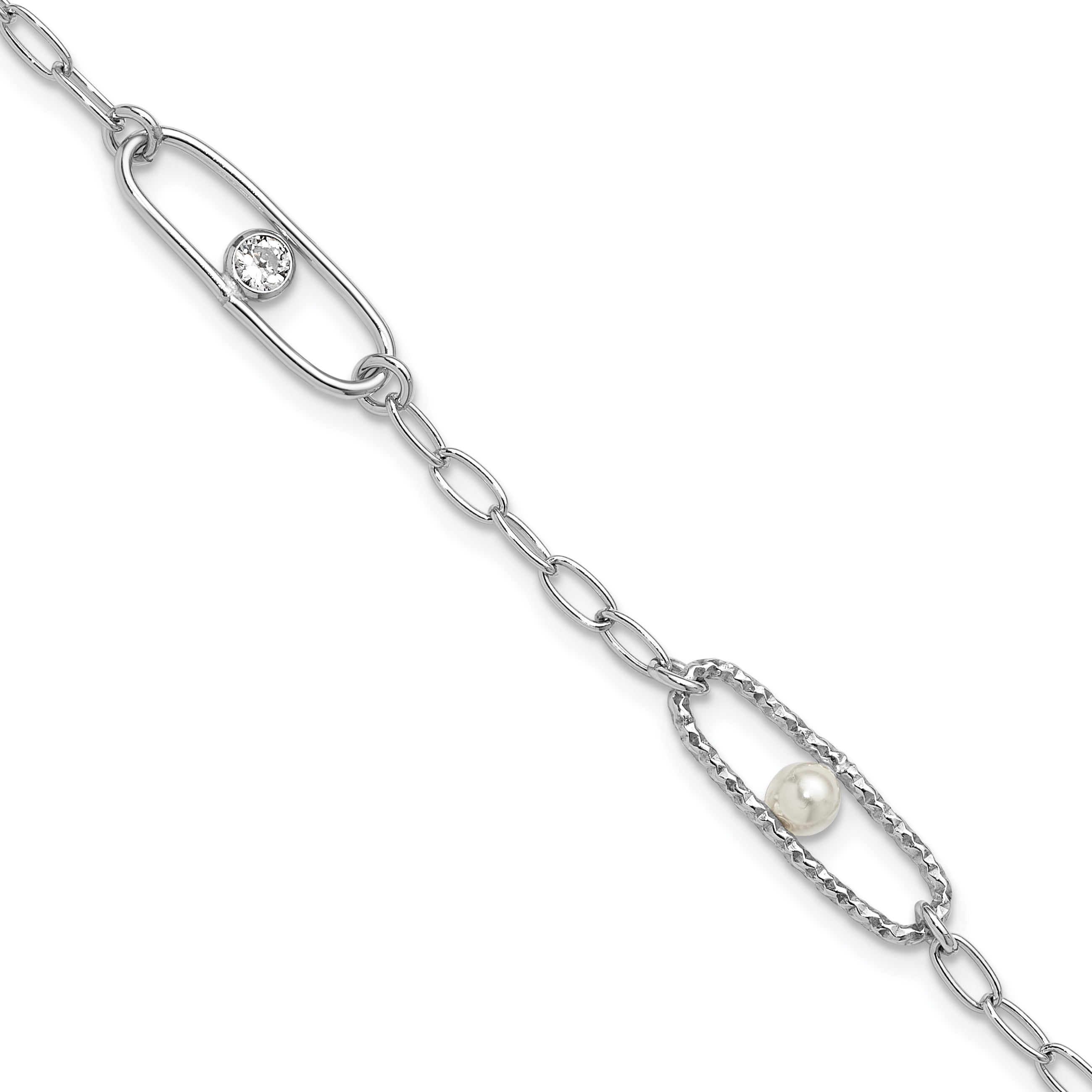 Sterling Silver Rh Plated Cz And Crystal Pearl 1In Ext. Bracelet