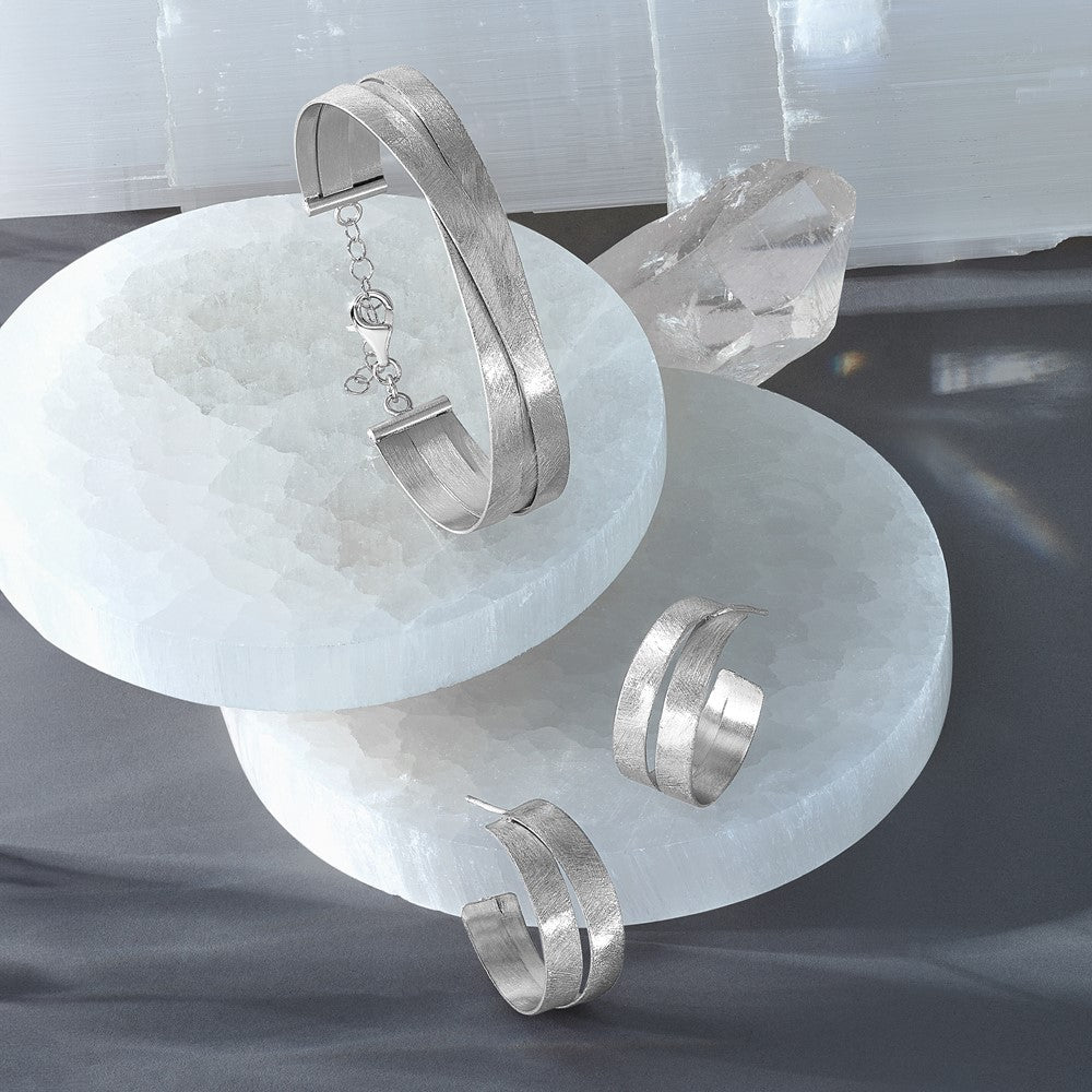 Sterling Silver Rh Plate Scratch Finish Safety Clasp Bangle