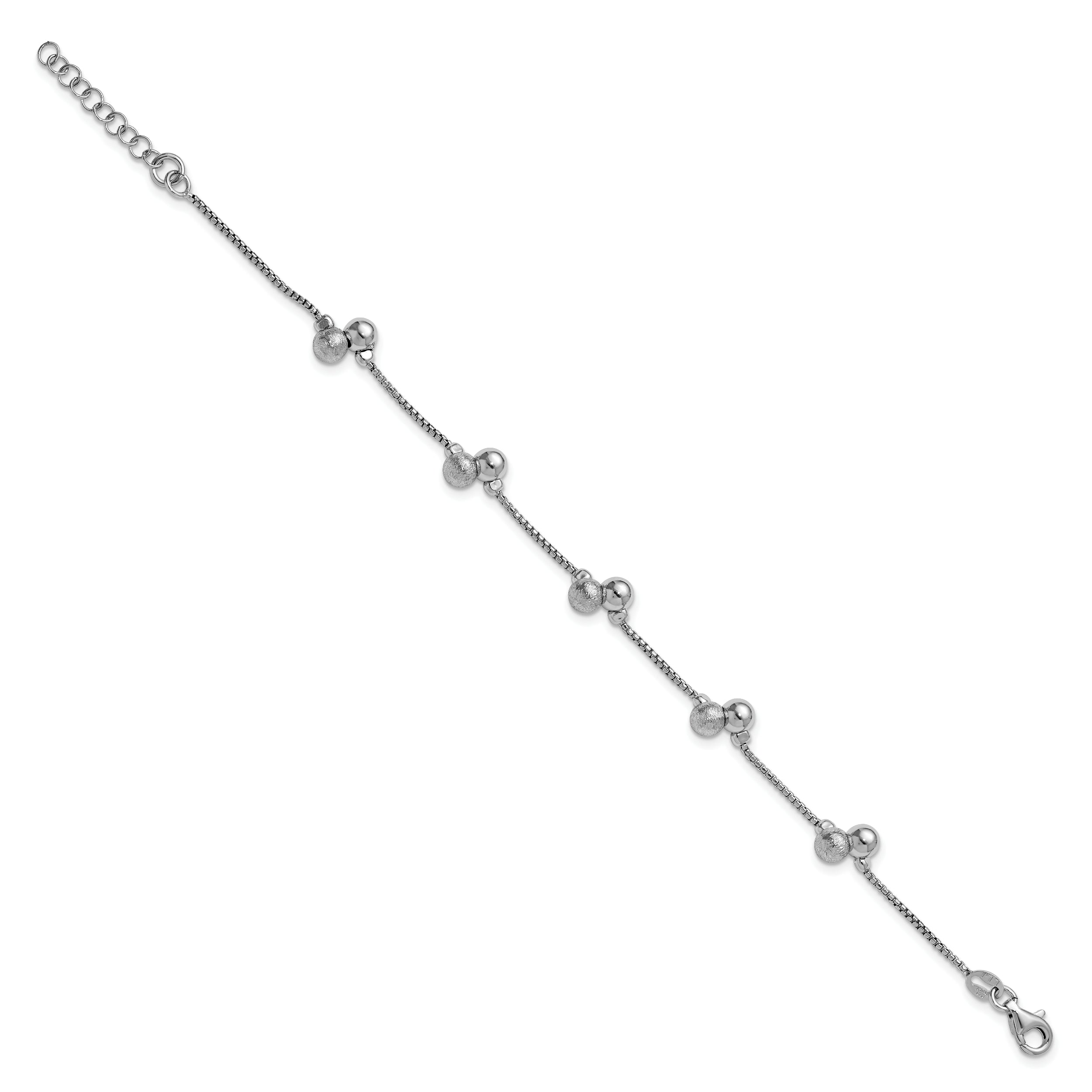 Sterling Silver Ss Rh Plated Brushed And Beaded 1In Ext Bracelet