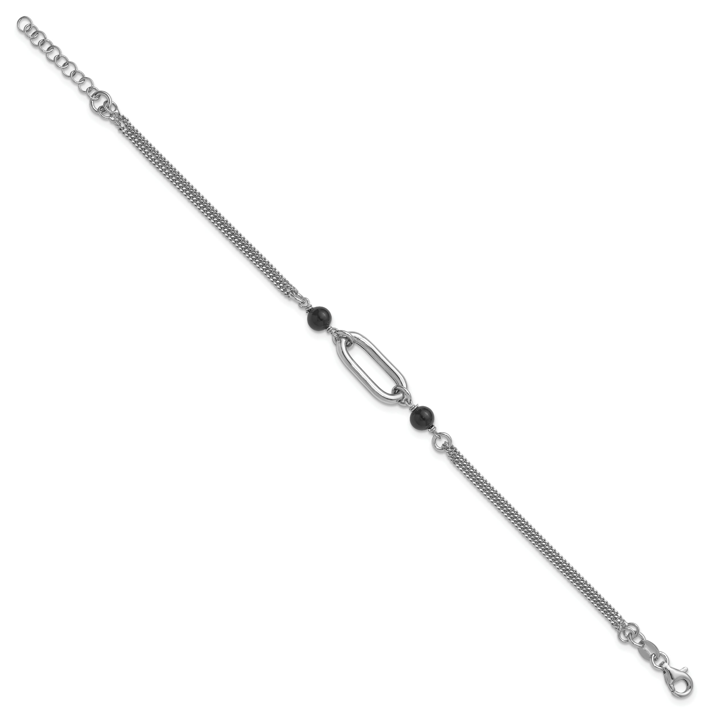 Sterling Silver Ss Rh Pltd Black Glass Pearl 2 Strand Link 1In Ext Bracelet
