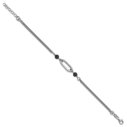 Sterling Silver Ss Rh Pltd Black Glass Pearl 2 Strand Link 1In Ext Bracelet