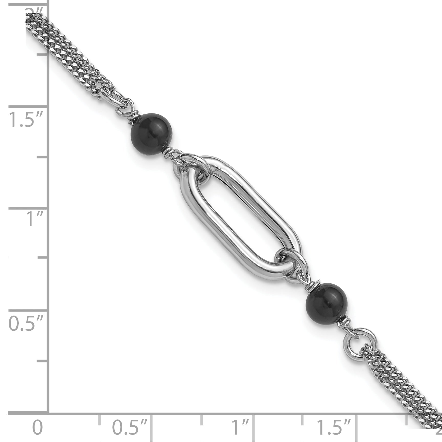 Sterling Silver Ss Rh Pltd Black Glass Pearl 2 Strand Link 1In Ext Bracelet