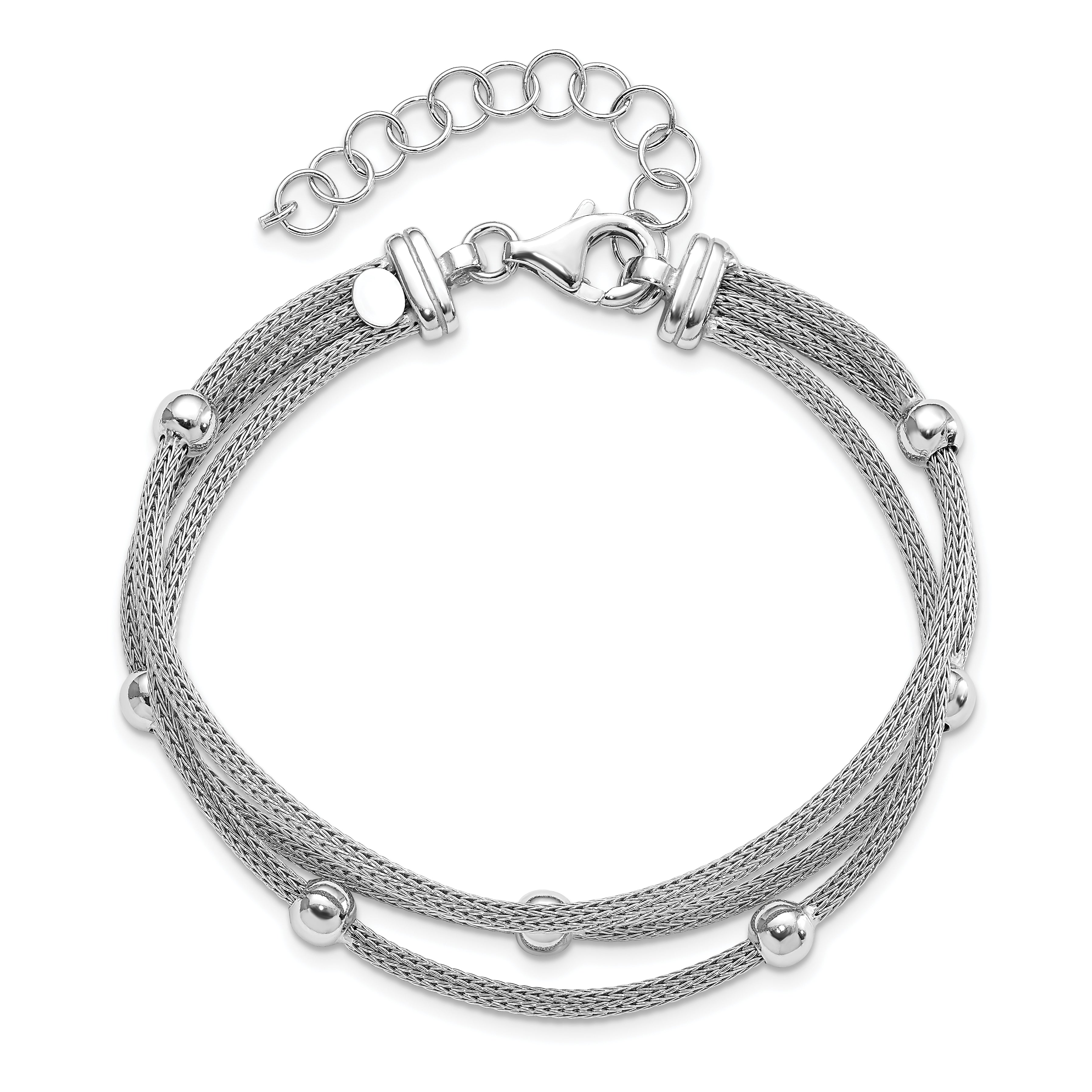 7.5 Inch Sterling Silver Polished W/2 In Ext. Beaded Mesh Bracelet