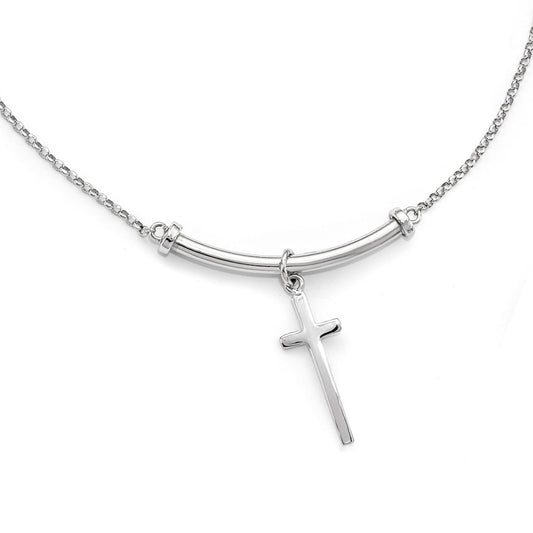 Sterling Silver Polished Cross W/1In Ext. Necklace