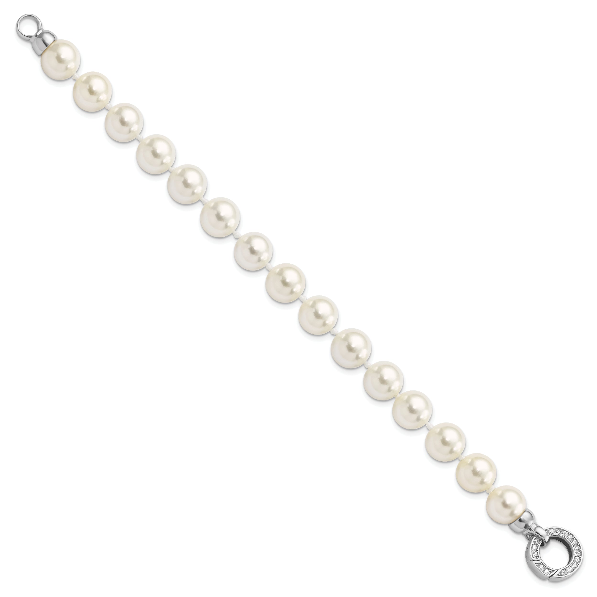 7.5 Inch Majestik Sterling Silver Rhodium-Plated 10-11mm White Imitation Shell Pearl Hand-Knotted Fancy Bracelet