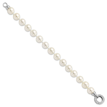 7.5 Inch Majestik Sterling Silver Rhodium-Plated 10-11mm White Imitation Shell Pearl Hand-Knotted Fancy Bracelet