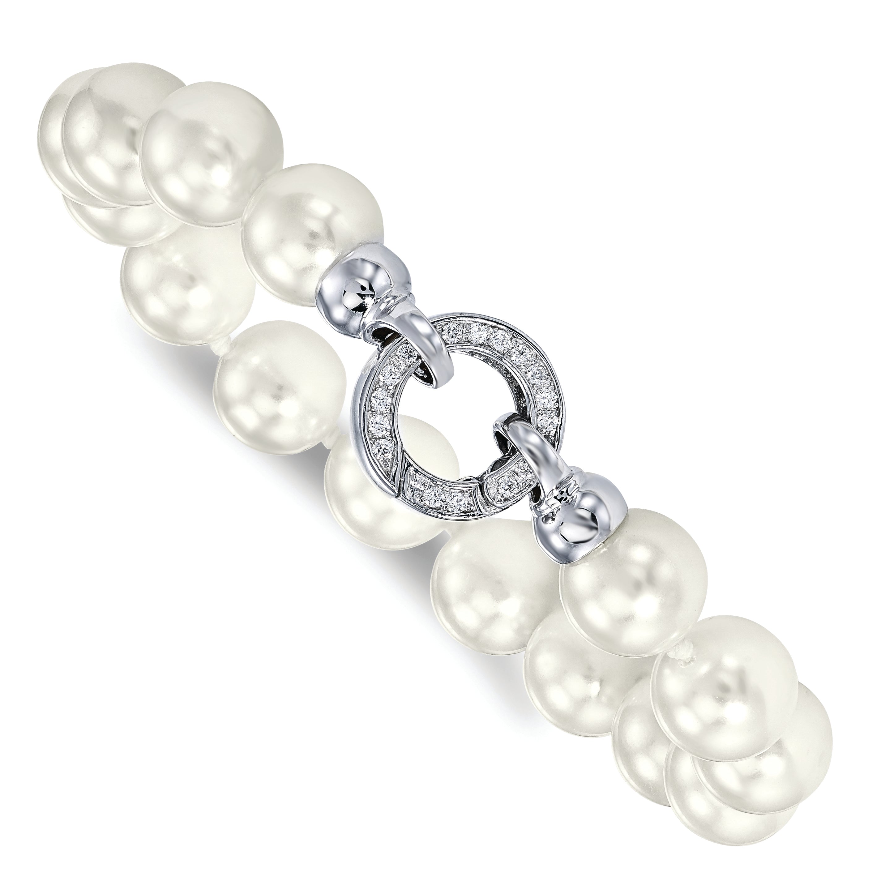 7.5 Inch Majestik Sterling Silver Rhodium-Plated 10-11mm White Imitation Shell Pearl Hand-Knotted Fancy Bracelet