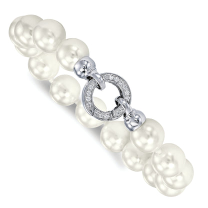 7.5 Inch Majestik Sterling Silver Rhodium-Plated 10-11mm White Imitation Shell Pearl Hand-Knotted Fancy Bracelet