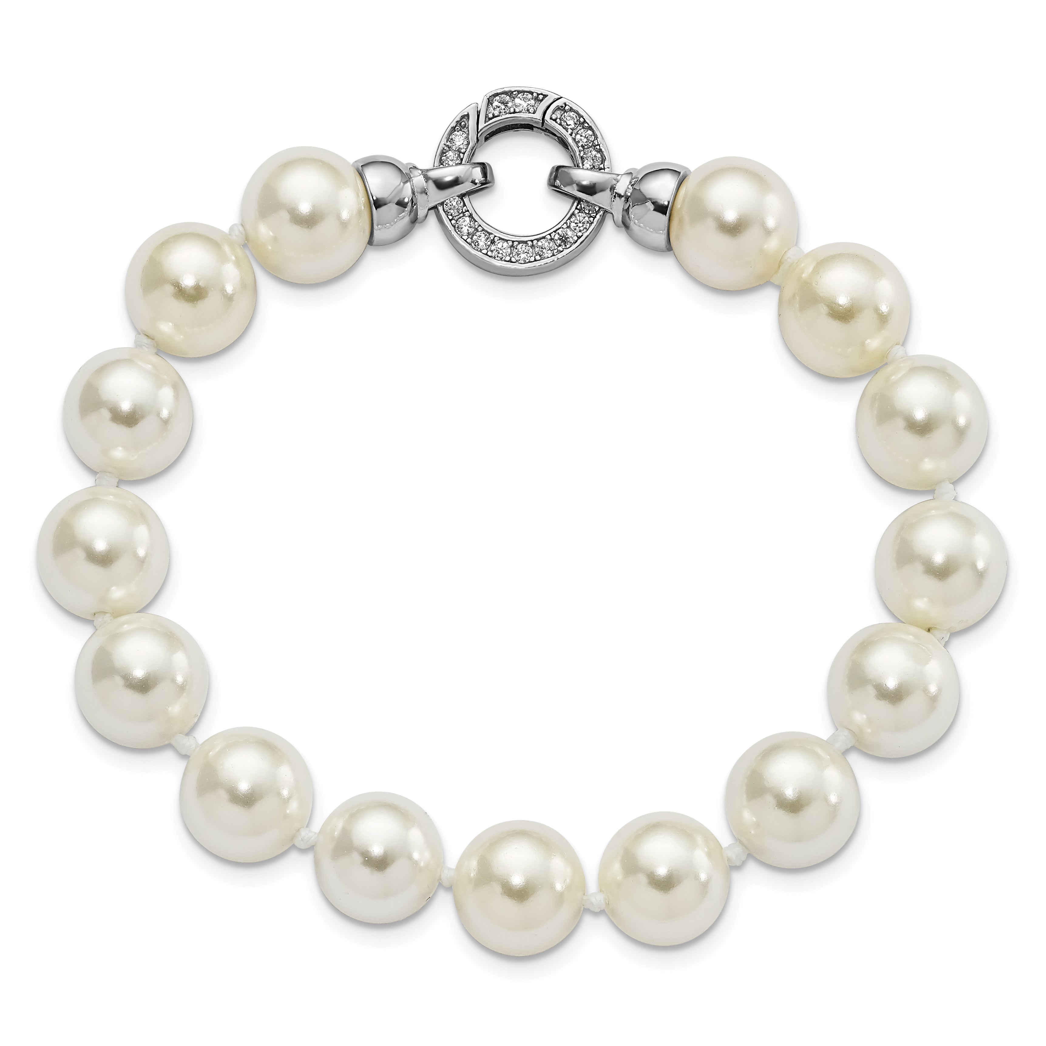 7.5 Inch Majestik Sterling Silver Rhodium-Plated 10-11mm White Imitation Shell Pearl Hand-Knotted Fancy Bracelet