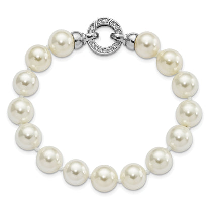 7.5 Inch Majestik Sterling Silver Rhodium-Plated 10-11mm White Imitation Shell Pearl Hand-Knotted Fancy Bracelet