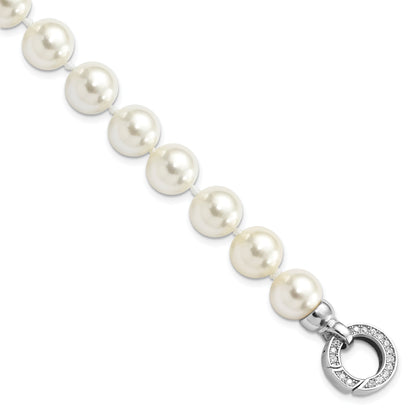 7.5 Inch Majestik Sterling Silver Rhodium-Plated 10-11mm White Imitation Shell Pearl Hand-Knotted Fancy Bracelet