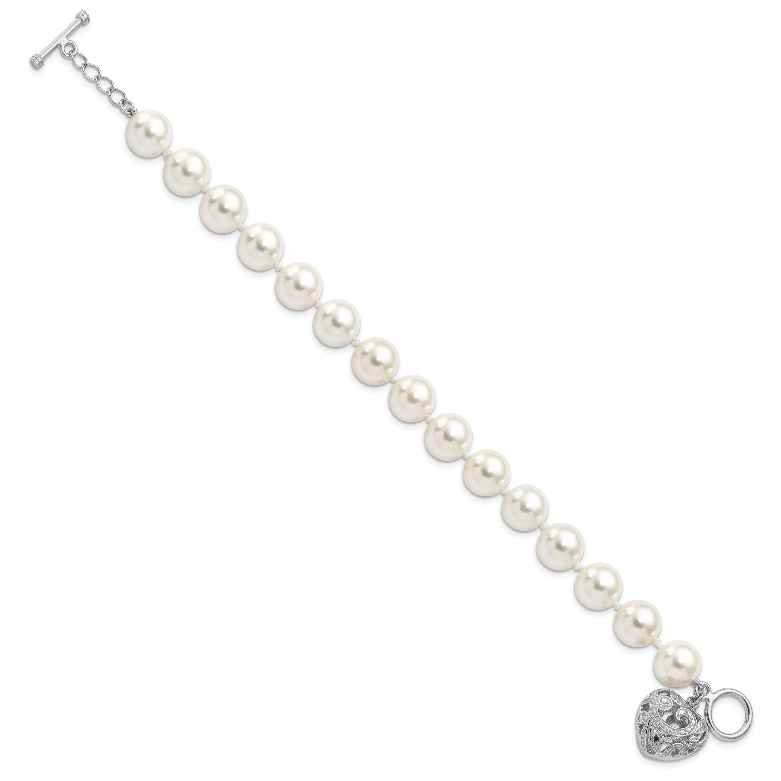 8 Inch Majestik Sterling Silver Rhodium-Plated 10-11mm White Imitation Shell Pearl With Heart Hand-Knotted Bracelet