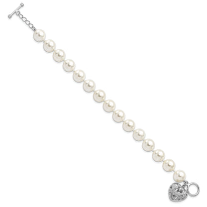 8 Inch Majestik Sterling Silver Rhodium-Plated 10-11mm White Imitation Shell Pearl With Heart Hand-Knotted Bracelet