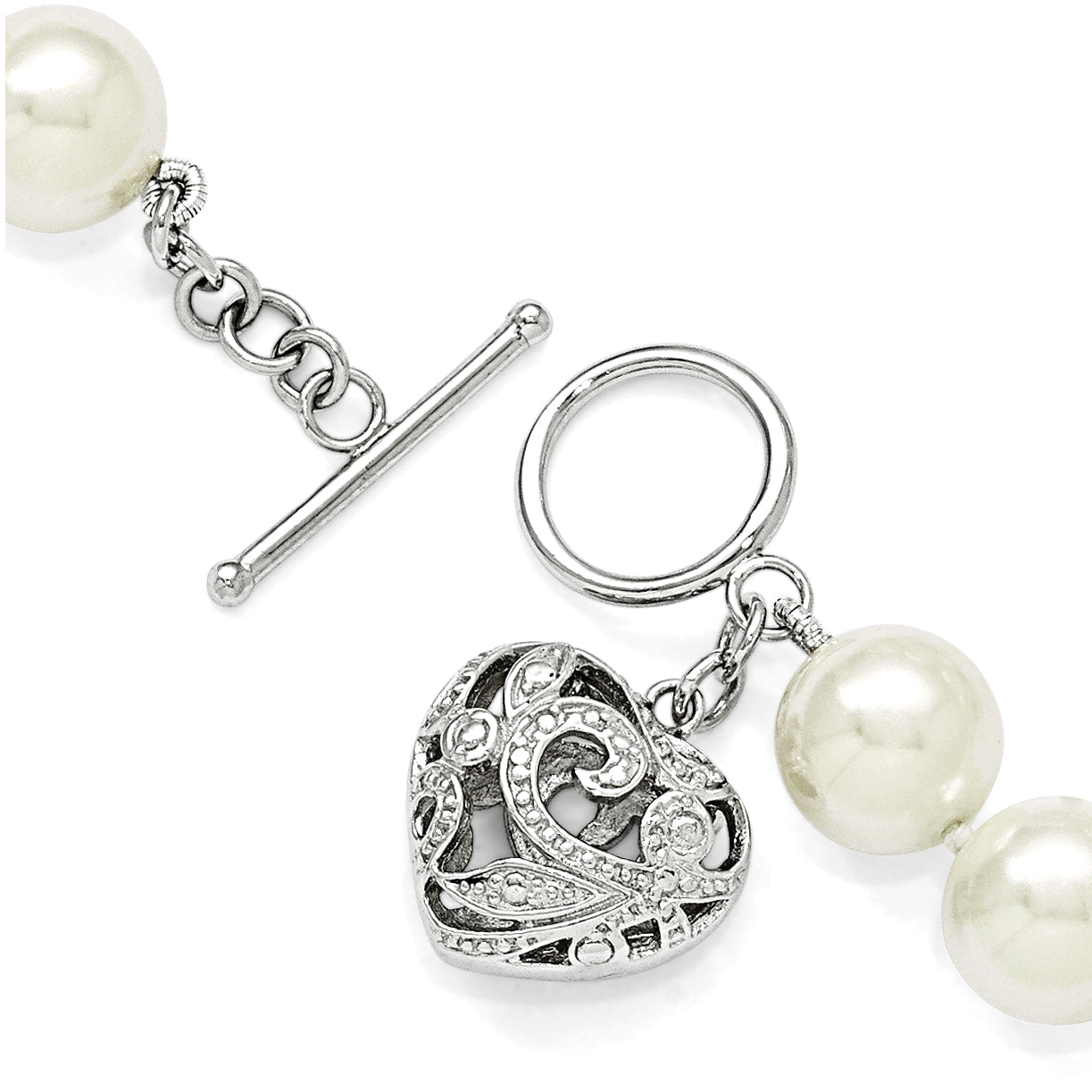 8 Inch Majestik Sterling Silver Rhodium-Plated 10-11mm White Imitation Shell Pearl With Heart Hand-Knotted Bracelet