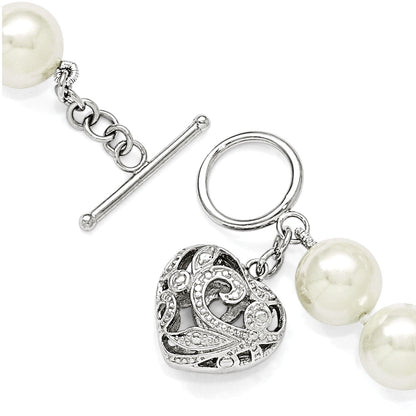 8 Inch Majestik Sterling Silver Rhodium-Plated 10-11mm White Imitation Shell Pearl With Heart Hand-Knotted Bracelet